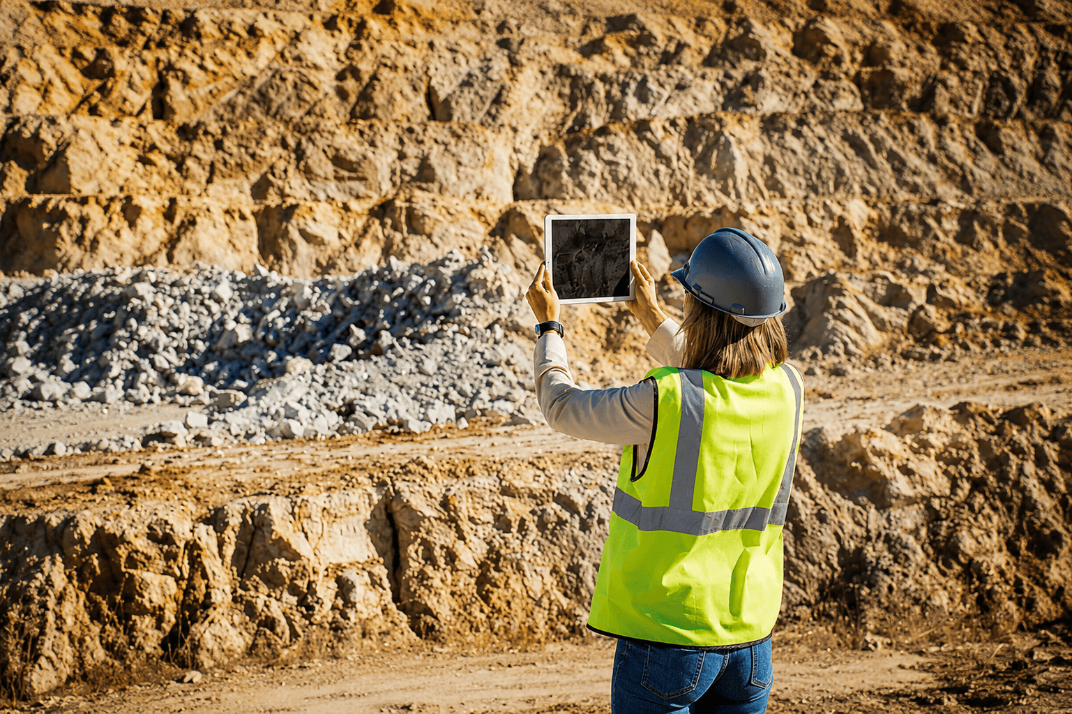 Mining professional surveying an open quarry with tablet documentation tools