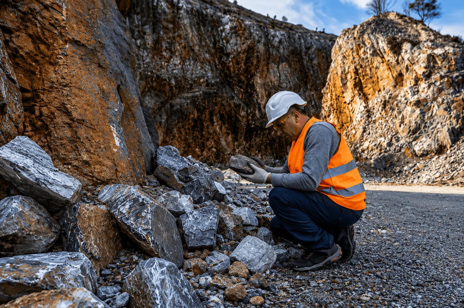 Mining specialist inspecting blasted rock faces