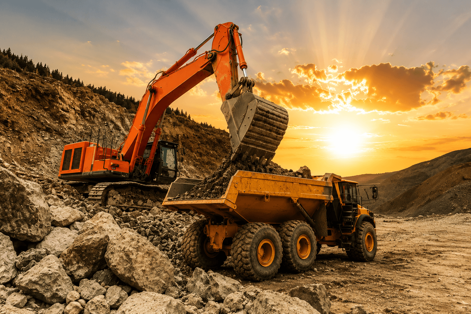 Open-pit mine at dusk with excavator loading a rigid haul truck