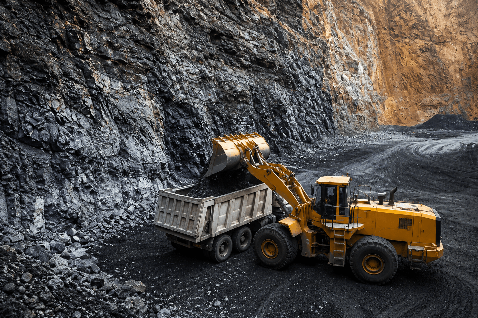 Front-end loader filling a rigid haul truck at an Australian open-cut operation