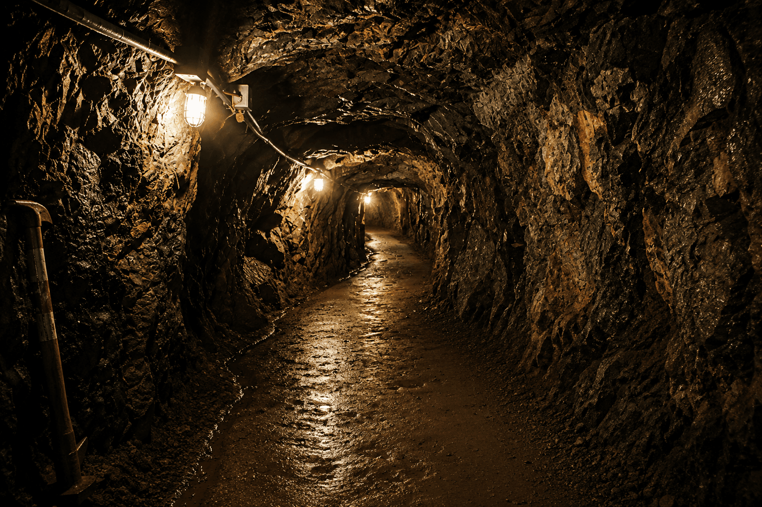 Underground workings lit by lamps along a mine passage