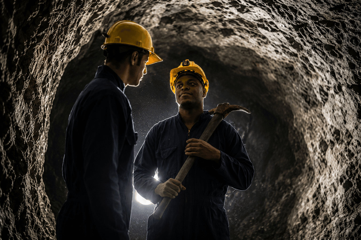 Miners in reflective gear working together underground