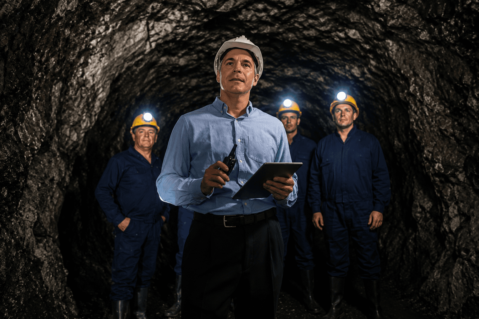 Underground mine supervision with radios, tablet support and illuminated crew helmets