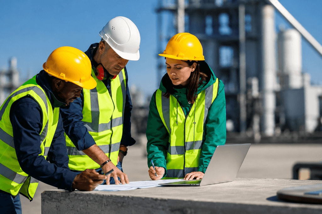 Maintenance team coordinating plans onsite